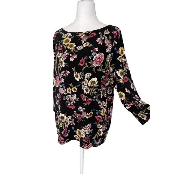 J. Jill Wearever Black Floral Tunic Top Petite L Cottagecore Artsy Dark Romantic - Picture 4 of 14